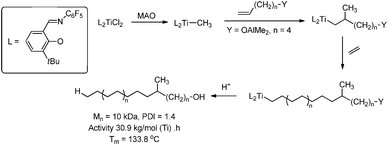 Introduction of functional groups during the initiation of polyethene growth using a titanium catalyst bearing phenoxyimine (FI) ligands.