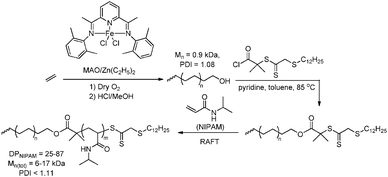 Synthesis of PE-b-poly(NIPAM) copolymers via LTM catalysed coordination/insertion polymerisation and subsequent radical polymerisation.