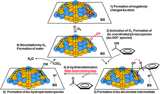 Proposed reaction mechanism of alcohol oxidation over AuxPdy-PVP/HT catalysts.