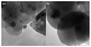 HRTEM image of (a) and (b) Au/Ba–CeO2 (Ba/Ce = 4/100).