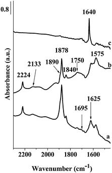 FT-IR spectra of Fe-ZSM-5(50)HT; (a) spectrum registered immediately after NO adsorption at RT, (b) after 30 min, (c) after evacuation at RT.