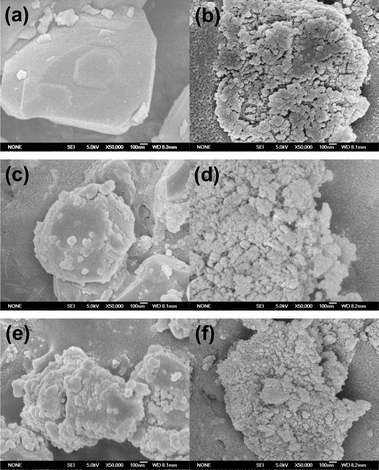 SEM images of the supports and the Ni catalysts before reduction: (a) CTO, (b) Al2O3, (c) 5Ni/CTO, (d) 5Ni/Al2O3, (e) 10Ni/CTO, and (f) 10Ni/Al2O3.