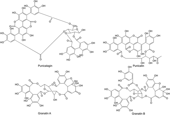 Punicalagins and granatins present in pomegranate.