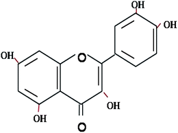 Chemical structure of quercetin – a hydrophobic flavonoid with biological activity.