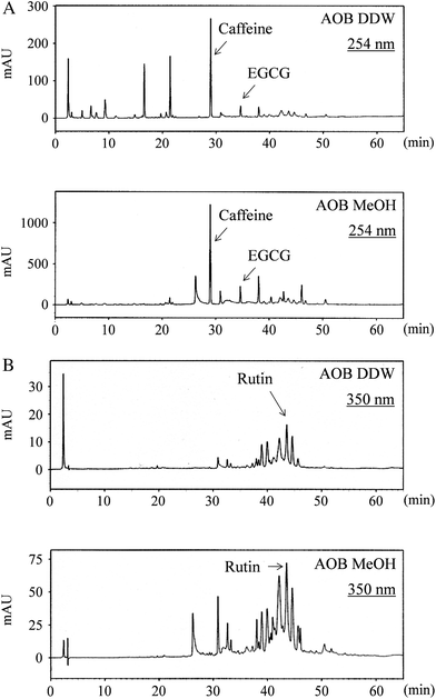 HPLC chromatogram of AOB extracts (AOB DDW and AOB MeOH) monitored at (A) 254 nm and (B) 350 nm with a linear gradient of methanol in water. Caffeine, EGCG and rutin appeared at (A) 28.9 min, 34.6 min and (B) 43.5 min, respectively.