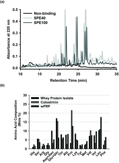 (a) Reverse phase HPLC profiles of sub-fractions of wPRP prepared by solid phase extraction (SPE) showing non-binding fraction (pooled void plus wash fractions) and fractions eluted with 40% and remaining bound species with 100 % acetonitrile, designated SPE40 and SPE100, respectively. The ratio of SPE40 to SPE100 present in wPRP was approximately 19 : 1 and profiles have been standardised for mass of solids analysed. (b) Amino acid analysis of wPRP compared with the whey protein isolate substrate and ‘Colostrinin' prepared from ovine colostrum.73