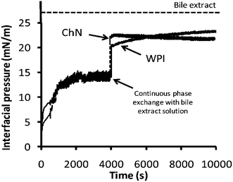 Development of interfacial pressure over time at oil–water interfaces stabilized by ChN (0.02% w/w) or WPI (0.02% w/w) at pH 3.0 and after continuous phase exchange at 4000 s by bile extract (solution of 1 mg mL−1 at pH 7.0). The dotted line represents the plateau interfacial pressure (∼26.5 mN m−1) reached by the bile extract solution alone at the oil–water interface.