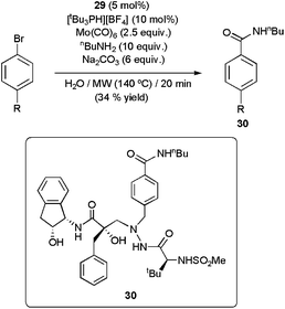 Synthesis of the HIV-1 protease inhibitor 30 by aminocarbonylation.