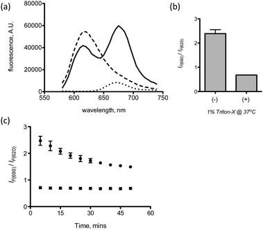 (a) Fluorescence emission (excitation at 540 nm) of LNP-siAF594 (– – –), LNP-siAF647 (···) and LNP-siAF594/647 (—), (b) LNP-si594/647 with (+) and without (−) 1% Triton-X, (c) kinetics of LNP-siAF594/647 disassembly in the absence (●) and presence (■) of 1% Triton-X. Error bars represent s.d., n = 2.