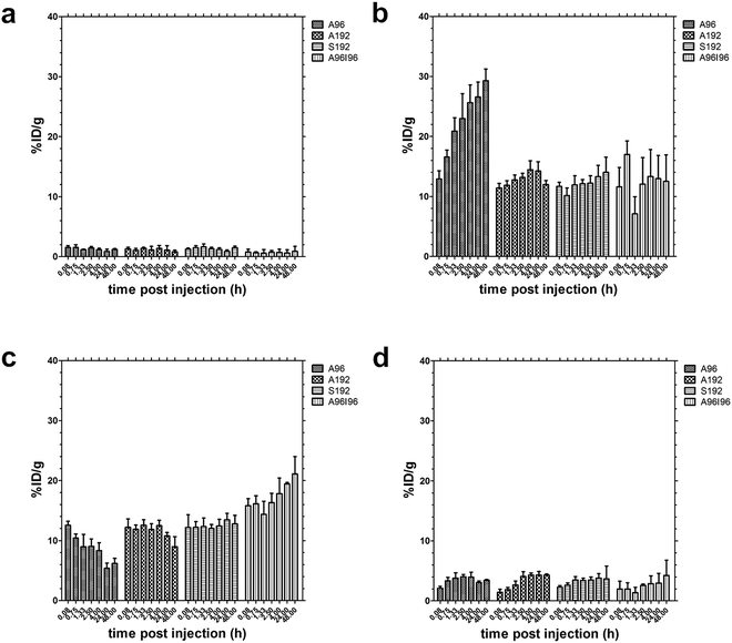 Biodistribution of 64Cu-ELP in athymic nude mice implanted with MDA-MB-231 cell line (n = 3) within (a) muscle, (b) kidneys, (c) liver and (d) tumor expressed as %ID g−1 calculated from ROI image analysis. A96 accumulates over time in the kidneys, while A192 and S192 do not. A96I96 accumulates over time in the liver. Values indicate the mean ± 95%CI.