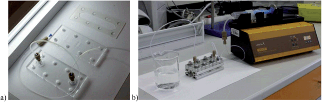 (a) Divided adhesion cell (upper part with inflow and outflow hoses, bottom part with milled space for plastic slides and rubber spacer) and (b) assembled adhesion cell connected to a syringe pump.