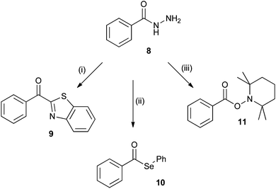 Reagents; (i) benzothiazole, AcOH, 5 M H2SO4, KMnO4; (ii) Ph2Se2, CH3CN/H2O, KMnO4; (iii) TEMPO, CH3CN/H2O, KMnO4.