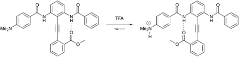 The conformational equilibrium of a pH-dependent switch based on an intramolecularly H-bonded diphenylacetylene. Protonation of the electron-donating dimethylamino group converts it into an electron-withdrawing dimethylammonium cation with a concomitant switch in conformation.