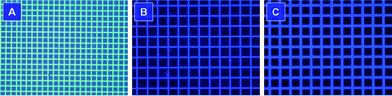 Negative-tone photoresist patterns generated by photo-crosslinking of thin films of (A) P1 (sample from Table 1, no. 2), (B) P2 (Table 4, no. 2) and (C) P3 (Table 4, no. 4) through copper masks. The photographs were taken under UV illumination from a hand-held UV lamp. Square length: 100 μm.