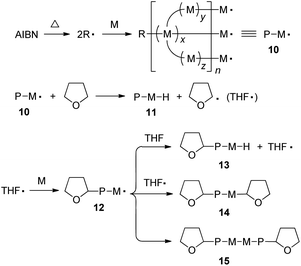 Schematic presentation of some key steps in the radical polymerization of a multi-functional acrylic monomer. Abbreviation: AIBN = azobisisobutyronitrile (initiator), R˙ = 2-cyanoprop-2-yl radical (initiator fragment), M = monomer (unit), M˙ = monomer radical, x, y, z = length of chain branch, n = degree of polymerization, P = polymer chain, and THF˙ = 2-tetrahydrofuranyl radical.