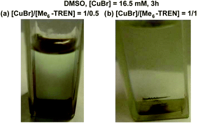 Visual observation of the disproportionation of CuBr in DMSO with 0.5 equivalent (a); and 1 equivalent (b) of Me6-TREN after 3 h at 25 °C. Conditions: DMSO = 1.8 mL; (a) [CuBr]/[Me6-TREN] = 1/0.5 and (b) [CuBr]/[Me6-TREN] = 1/1.