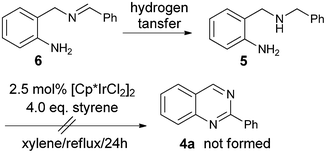 Possible pathway to 5 from hydrogenation of imine 6 and reaction of 5 under hydrogen transfer conditions.