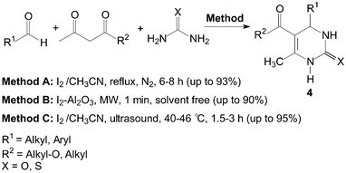 Iodine catalyzed synthesis of 3,4-dihydropyrimidin-2(1H)-ones and thione.