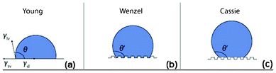 Illustration of a liquid droplet on an ideal smooth surface in (a), on a rough surface in a Wenzel regime in (b) and on a rough surface in a Cassie–Baxter regime in (c). Reprinted by kind permission from Macmillan Publishers Ltd: NPG Asia Materials, A. Nakajima, Design of hydrophobic surfaces for liquid droplet control, 2011, 3, 49–56, Copyright (2011).