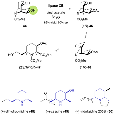 Lipase-catalysed desymmetrisation of diol 44, its conversion into the trisubstituted piperidine derivative 47, and examples of alkaloids prepared from this building block.