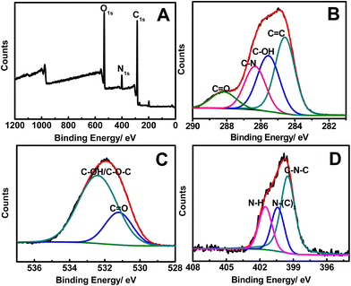 The XPS (A), C1s (B), O1s (C), and N1s (D) spectra of the as-obtained FNCPs.