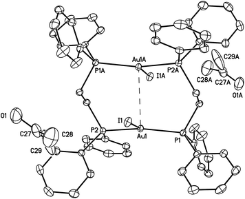 A drawing of the structure of green-glowing β-Au2(μ-dppe)2I2·2OCMe2 (2). Thermal ellipsoids are shown at the 50% probability level. The Au1⋯Au1A separation is 3.3955(2) Å, which is shorter than the corresponding separation (3.6720(2) Å) in the α-polymorph (I). Other distances; Au1–I1, 2.97590(18); Au1–P1, 2.3143(5); Au1–P2, 2.3177(5) Å.