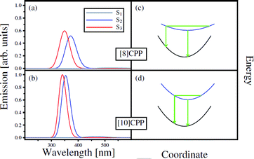 (a and b) Fluorescence spectra for [8] and [10]CPPs calculated at the TD-CAM-B3LYP/def-SV(P) ← TD-DFTB/MD, respectively. Grey lines (S1) are hardly visible due to small oscillator strengths. (c and d) Schematic potential energy surface for [8] and [10]CPPs, respectively.