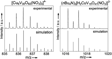 Negative-mode high resolution ESI mass spectra, showing the full {Cu666V303030} cluster shell [Cu6V30O82(NO3)2]4− at m/z = 836.34 (left) and the {CuV15} cluster sub-shell (nBu4N)2[H2CuV15O41(NO3)]2− at m/z = 1016.24 (right).