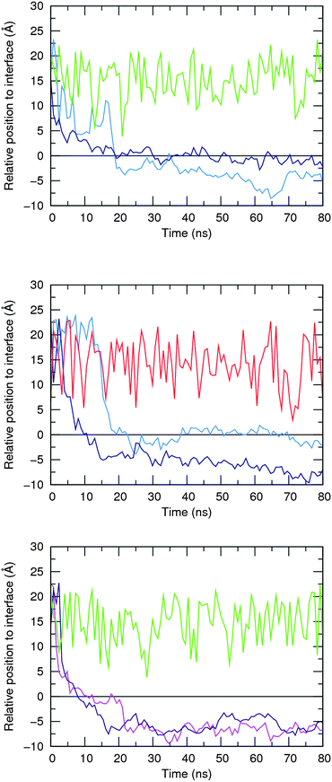 Relative positions of 5, 6, Cl− and HCO3− species defined by the distances between their centre of mass and the closest water–lipid interface, which results from the average position of the corresponding phosphorus atoms in the z coordinate. Initial complexes per plot: 5·Cl− – top; 5·HCO3− – middle; and 6·Cl− – bottom. The following line colour scheme was used: light blue for R1 and dark blue for R2 of 5; purple for R1 and magenta for R2 of 6; green for Cl−; and red for HCO3−. The water–lipid interface is represented as a black line at z = 0 Å. Only the position of the anion along the replicate R1 is represented.