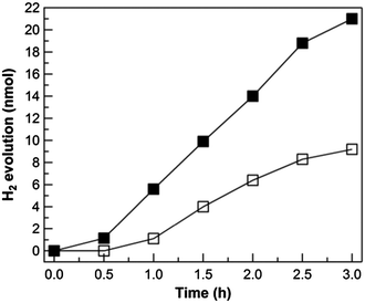 Photocatalytic hydrogen evolution over time using a 0 mM (white square) and 0.2 mM (black square) solutions of 1 in the presence of 1 mg of GaP nanowires in 2.5 mL H2O with 0.5 mL of methanol added as the electron donor. The light source was a 450 W Xe lamp coupled to a 400 nm long-pass filter.