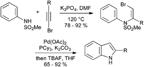 Oxidative cyclization of N-aryl bromoenamines.