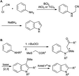 
            A, the Sugasawa indole synthesis; B, the Gassman indole synthesis.