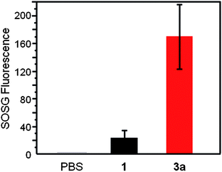 Singlet oxygen generation in the dispersion solution of 1 and 3a in PBS containing 0.5 wt% pluronic F127 surfactant after laser irradiation at 660 nm for 180 s. The singlet oxygen was measured using SOSG reagent.