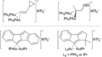 Structurally characterized geminally diaurated vinyl-complexes by Fürstner (top) and Hashmi (bottom).