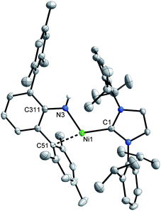 X-ray structure of 4 (50% ellipsoids). The amide H-atom was located in the difference map and refined isotropically. Selected metrical parameters for 4: Ni–N(3) = 1.936(2), Ni–C(1) = 1.949(2), Ni–C(51) = 2.137(2), Ni–C(52) = 2.502(2), Ni–C(56) = 2.396(3) Å; C(1)–Ni–N(3) = 112.17(9), C(1)–Ni–C(51) = 165.81(9), C(51)–Ni–N(3) = 81.99(9)°.