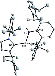 X-ray structure of 5 (50% ellipsoids). The amide H-atom was located in the difference map and refined isotropically. Ni–N(3) = 1.953(2), Ni–C(1) = 1.959(2), Ni–C(41) = 2.114(2), Ni–C(42) = 2.385(2), Ni–C(46) = 2.380(2) Å; C(1)–Ni–N(3) = 116.41(9), C(1)–Ni–C(41) = 161.90(9), C(41)–Ni–N(3) = 81.62(9)°.