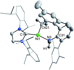 X-ray structure of 7 (50% ellipsoids). H-atoms except on N(3) and C(421) and the entire B(ArF)4 counterion have been omitted for clarity. Selected metrical parameters for 7: Ni–N(3) = 1.972(4), Ni–C(421) = 1.866(6), Ni–C(1) = 1.858(5) Å; C(1)–Ni–C(421) = 102.3(2), C(1)–Ni–N(3) = 159.8(2), N(3)–Ni–C(421) = 97.8(2)°.