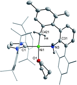 X-ray structure of 8 (50% ellipsoids). H-atoms except on N(3) and C(421) and the entire B(ArF)4 counterion, have been omitted for clarity. Selected metrical parameters: Ni–N(3) = 2.001(2), Ni–C(421) = 1.931(3), Ni–C(1) = 1.904(3), Ni–O = 2.057(2) Å; C(1)–Ni–O = 95.05(10), O–Ni–N(3) = 84.86(9), N(3)–Ni–C(421) = 88.40(12), C(1)–Ni–C(421) = 91.74(12), C(1)–Ni–N(3) = 177.44(12), O–Ni–C(421) = 173.17(11)°.