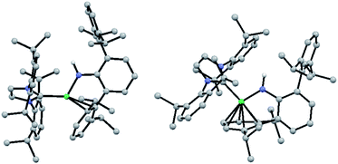 Optimized computed DFT structures of the complex cation of 9 for the triplet (left) and singlet (right) states, with calculated Ni–N distances of 1.846 and 1.872 Å, and angles of Ni–N–C (121.8 and 117.6°) and CNHC–Ni–N (117.0 and 99.1°), for the triplet and singlet structures, respectively. Ni is in green and N is in blue.