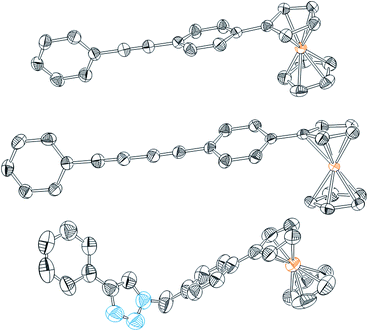 Thermal ellipsoid plots of Fc1–Fc3 (top–bottom) with ellipsoids drawn at the 50% probability level. All hydrogen atoms have been omitted for clarity. Blue = nitrogen; grey = carbon; orange = iron.