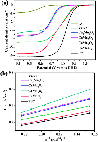 (a) LSVs of CaMnO3, Ca2Mn3O8, CaMn2O4, CaMn3O6, GC, Vc-72 and Pt/C recorded at 1600 rpm in O2-saturated 0.1 M KOH solution. (b) K–L plots of different catalysts at 0.5 V.