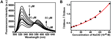 Titration of ThioRB-FITC-MSN with HOCl in Na2HPO4–citrate buffer (100 mM, pH 5.0) by fluorometry. (A) Fluorescence emission spectra of ThioRB-FITC-MSN (1 mg ml−1) in Na2HPO4–citrate buffer spiked with NaOCl recorded using an excitation wavelength of 490 nm. Analyte concentrations used: 0, 5, 10, 20, 30, 40, 50, 60, and 80 μM; (B) titration curve plotted with fluorescence emission intensity at 586 nm over that at 526 nm as a function of HOCl concentration.