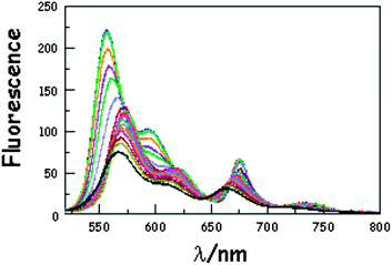 Effect of temperature on the emission spectrum recorded for B(CAR)3DPP in MTHF following excitation into DPP. The temperature ranges from 293 to 77 K while the overall intensity increases steadily with decreasing temperature. N.B. The black line corresponds to the spectrum recorded at 293 K.