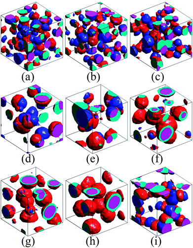 The simulated morphologies of ternary blends without and with compatibilizer. All of the corresponding state points are presented in Fig. 1 (marked by the corresponding letters within brackets). (a) Isolated dispersion, (b–e) partial encapsulation, (f, g) encapsulated morphology. Encapsulated morphology (h) and partial encapsulation morphology (i) formed after adding the compatibilizer of A–g–B and A–g–C to the system of (g), respectively.