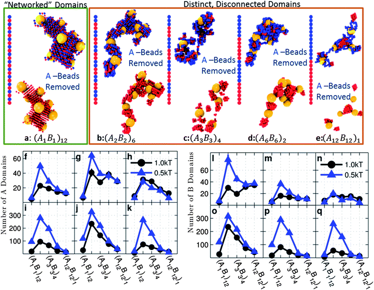 (a–e) Snapshots of clusters for systems with interaction set 4 and no monomer–particle attraction (best viewed in color). The plots show the average number of A domains (f–k) and B domains (l–q) for copolymer grafted nanoparticles of size D = 4d each with six grafts of length Ngraft = 24. The interaction sets correspond to the plot letters as follows: lines on plots f and l correspond to interaction sets 1 (blue triangles) and 2 (black circles), lines on plots g and m correspond to interaction sets 3 (blue triangles) and 4 (black circles), lines on plots h and n correspond to interaction sets 5 (blue triangles) and 6 (black circles), lines on plots i and o correspond to interaction sets 7 (blue triangles) and 8 (black circles), lines on plots j and p correspond to interaction sets 9 (blue triangles) and 10 (black circle), and lines on plots k and q correspond to interaction sets 11 (blue triangles) and 12 (black circles). The black circles represent monomer–monomer attraction = 1 kT, while the blue triangles represent monomer–monomer attraction = 0.5 kT. All monomer–particle interactions are maintained as hard sphere interactions.