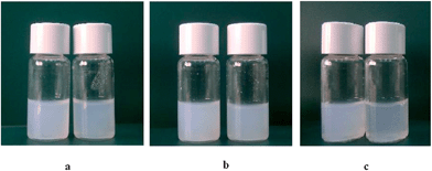 Pictures of C9 formulations at different concentrations: (a) C9 1 and C9 2, (b) C9/CHOL 1 and C9/CHOL 2, (c) C9/DLPC 1 and C9/DLPC 2.