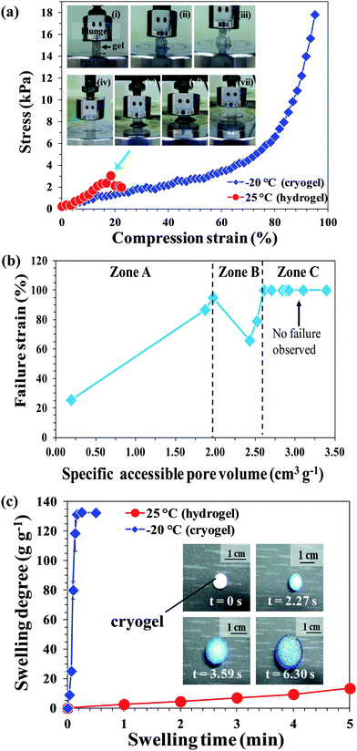 (a) Comparison of the mechanical properties of PSA hydrogel (inset: i–iii) and cryogel (inset: iv–vii). Note that the green arrow shows the point at which hydrogel started to fail/disintegrate. (b) Relationship between the mechanical properties (failure strain) of all the PSA cryogels synthesized in this study with their corresponding pore volumes. (c) Dynamic swelling profiles of PSA hydrogel and cryogel. The inset shows the time-dependent swelling of a typical PSA cryogel.