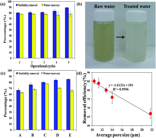 (a) Turbidity removal efficiencies and water recoveries of PSA cryogels with the highest swelling degree over five operational cycles, (b) digital photograph of the raw and treated water, (c) turbidity removal efficiencies and water recoveries of five PSA cryogels having different average pore sizes, and (d) the correlation between the turbidity removal efficiency and average pore size. Note: synthesis conditions for cryogels A, B, C, D, and E can be found in Table 1.