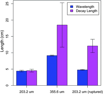 The buckling wavelength and decay length as determined from fitting the buckling profile. The samples include wires with diameters 203.2 μm and 355.6 μm with unperturbed and perturbed interfaces. The interface is ruptured by pulling the wire out of the gelatin under a tensile load until the load vanishes.