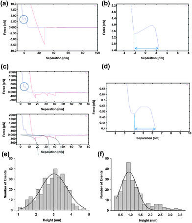 Force–distance curve taken on DOPC bilayer prior to GP160 adsorption (a) illustrating single adhesion event and lipid breakthrough of ∼4.9 nm (b). Force–distance curve taken on protein adsorbed on to bilayer (c) illustrating a protein breakthrough event of ∼2.3 nm as well as a sawtooth pattern, indicative of protein unfolding. Fit is to the wormlike chain model. Height distribution of GP160 features taken immediately after protein adsorption (e) and after 18 hours (overnight) (f). Average heights were measured initially as 3.02 ± 0.05 nm (mean = 3.02; SD = 0.71; data = 321) and as 0.93 ± 0.04 nm (mean = 0.93; SD = 0.65; data = 212) after 18 hours confirming sinking of the protein into the bilayer.